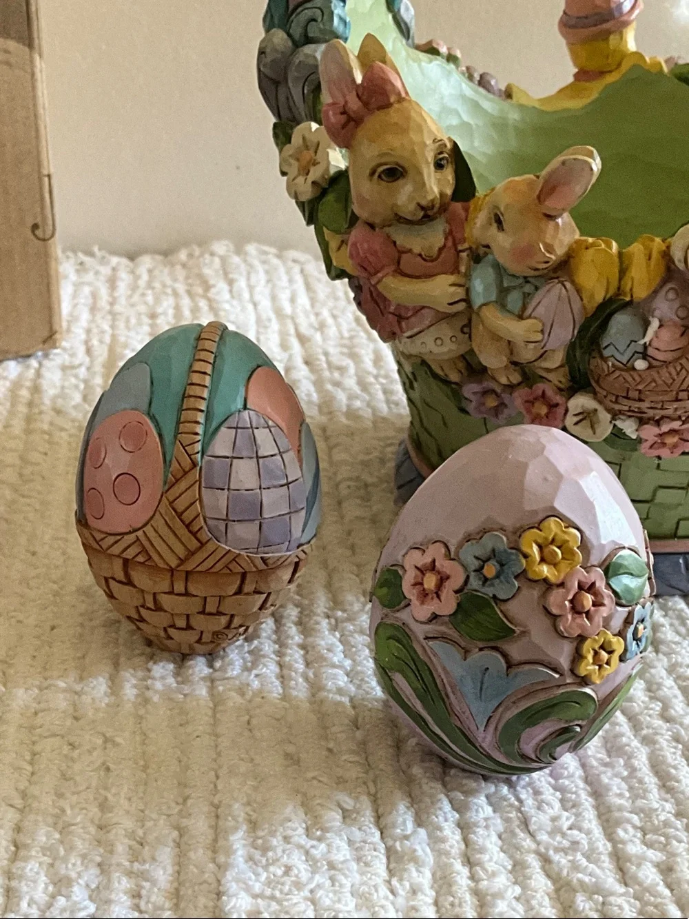 Jim Shore Easter Basket Figurine - Pastel Green, Pink, Blue, Yellow